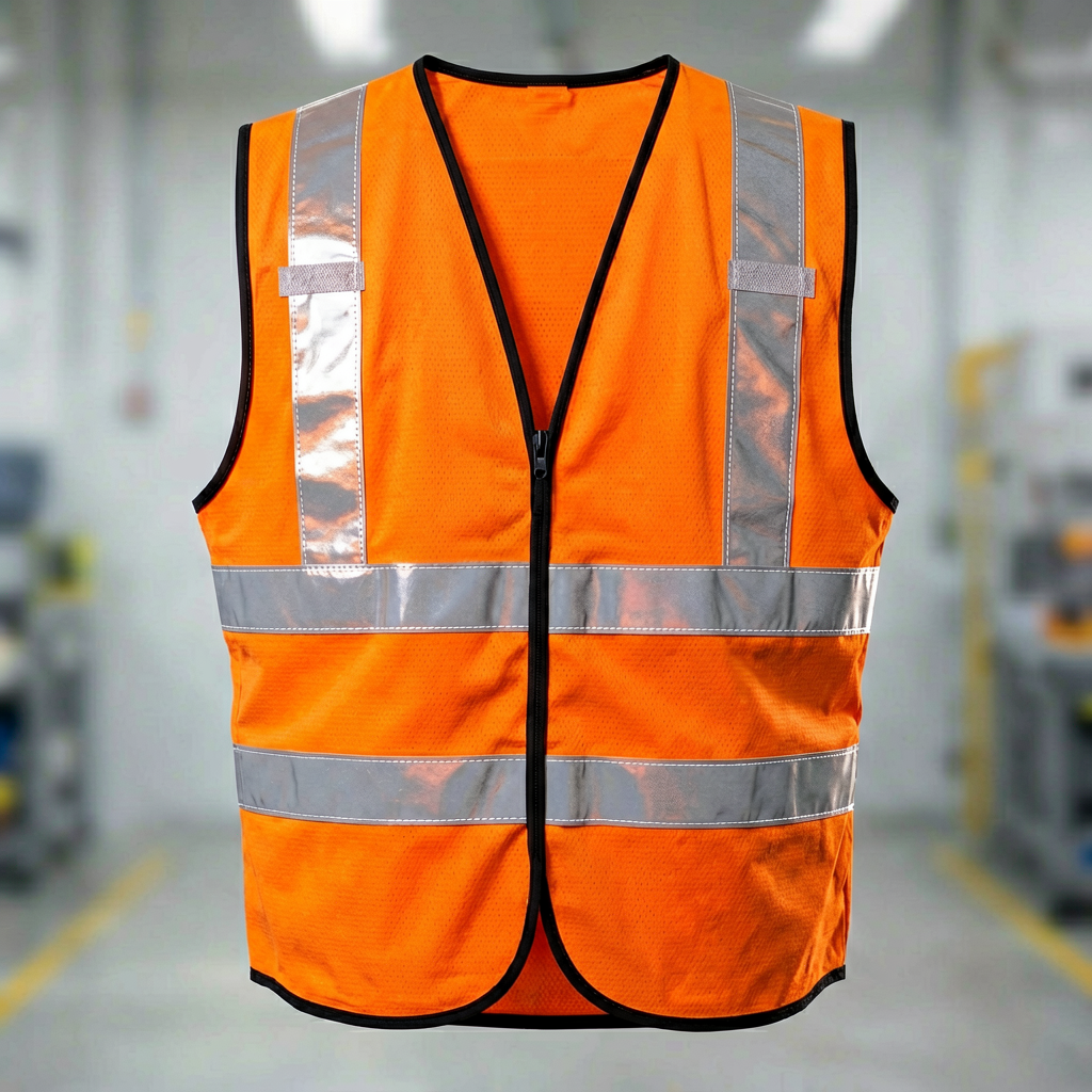 Worker inspecting reflective tape on high-visibility safety vest after washing